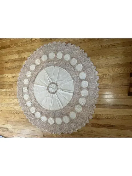 Antique Crochet Lace 60” Round Tablecloth Ecru Handmade Cottagecore  Victorian