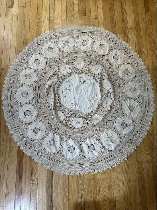 Vintage 61” Round Crochet Lace Embroidered Tablecloth Cottagecore