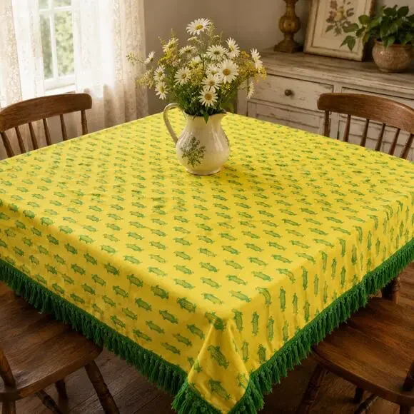 Handmade Cotton Fringe Tablecloth Corn Print Farmhouse Cottagecore 51 x 51