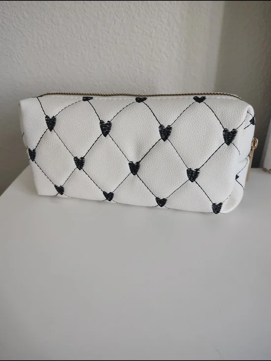White Quilted Heart Pattern Cosmetic Bag with Gold Zip