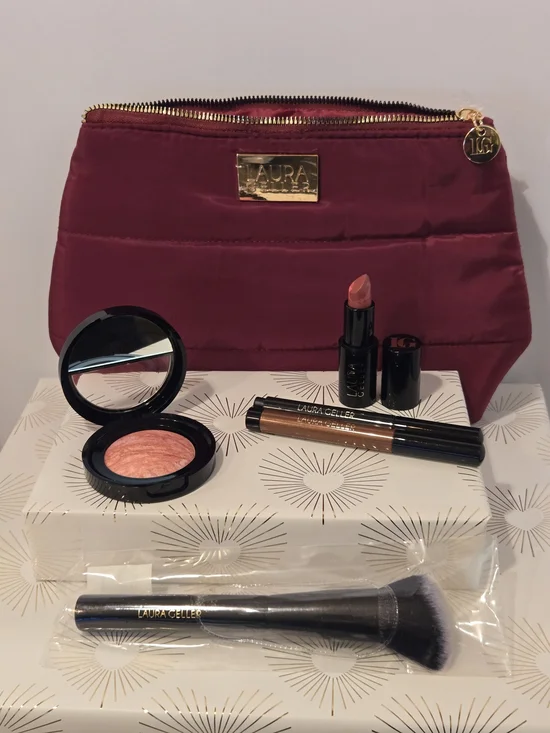 Laura Geller Makeup Bundle With Wine Quilted Cosmetic Pouch.