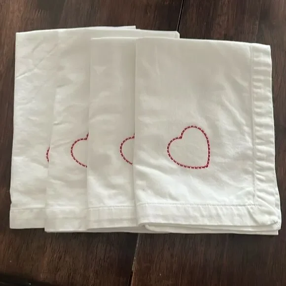 White Upcycled Square Napkins with Border Custom Home Heart Embroidery Set of 4