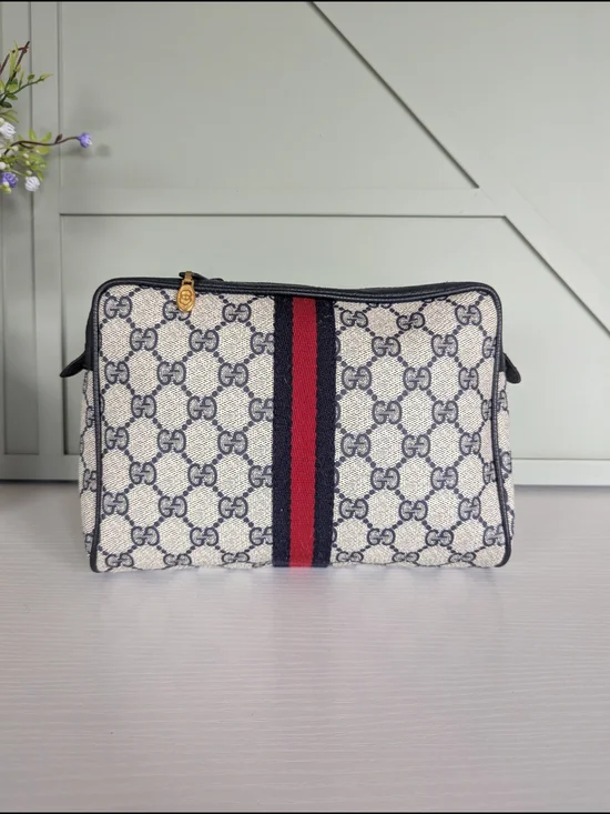 Gucci Ophidia GG Canvas Cosmetic Pouch in Navy/Red