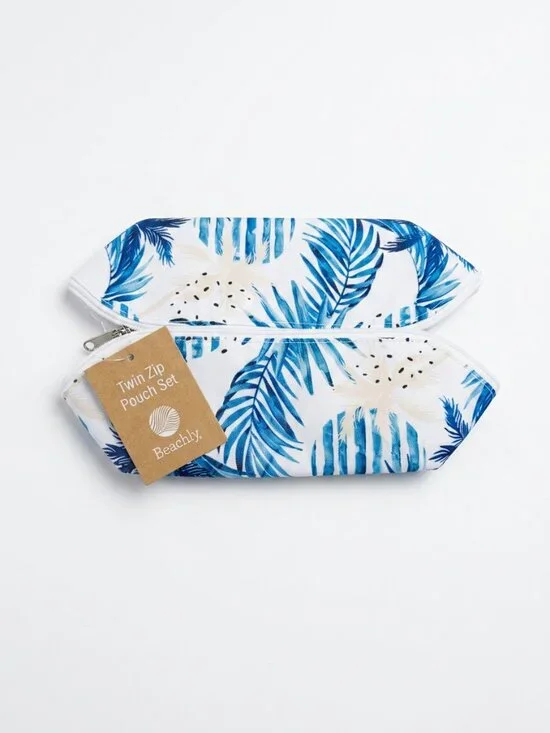 NWT Beachly Twin Zip Pouch Set Tropical Palm Print Makeup Bag Coastal