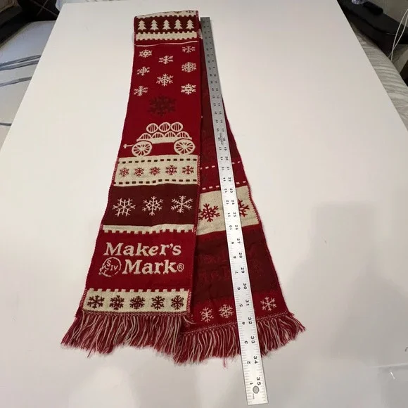 Maker's Mark Holiday Winter Knit Scarf Red Snowflake Fringe Whiskey Promo 68