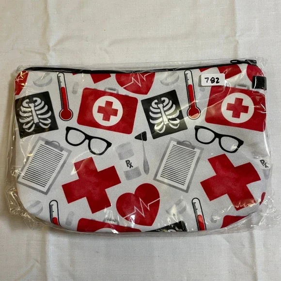 The Pouch Cosmetic Bag Red White NWT Medical Nursing Print Zipper Pouch