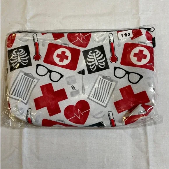 The Pouch Cosmetic Bag Red White NWT Medical Nursing Print Zipper Pouch