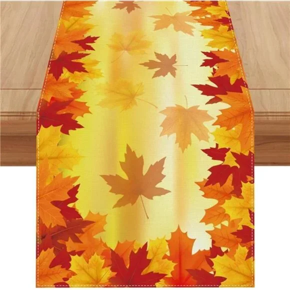 New 72'' Linen Table Runner - Orange Watercolor Maple Leaf Fall Farmhouse Decor‎