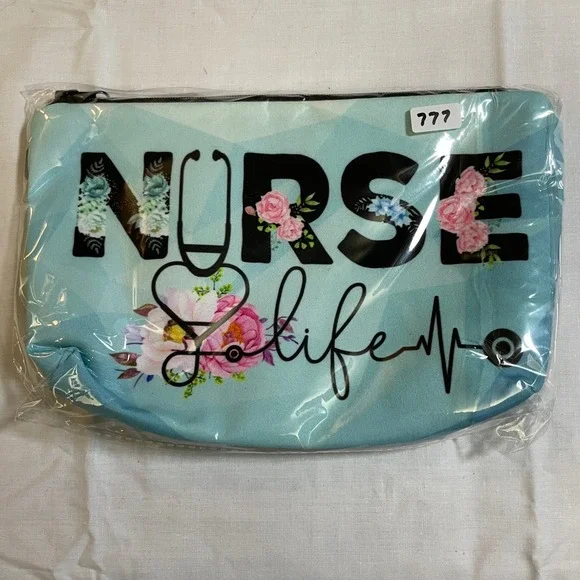 The Pouch Nurse Life Cosmetic Bag Women OS Teal NWT Floral Stethoscope Heart EKG