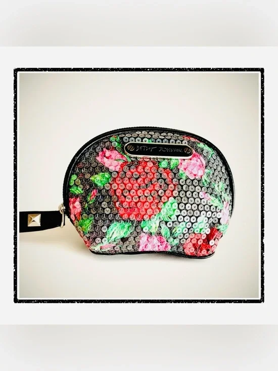 🌹Betsey Johnson Sequin Rose Floral Makeup Bag with Leopard Print Interior