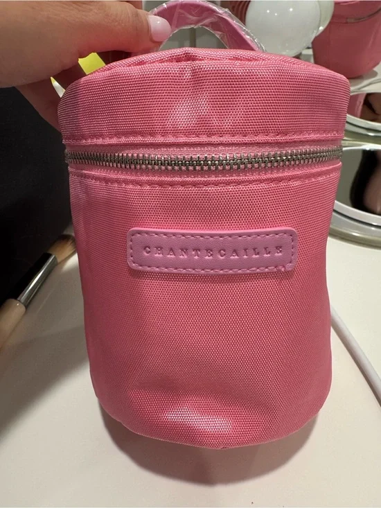 Chantecaille Pink Cylindrical Cosmetic Case w/ Top Handle & 4 skincare samples