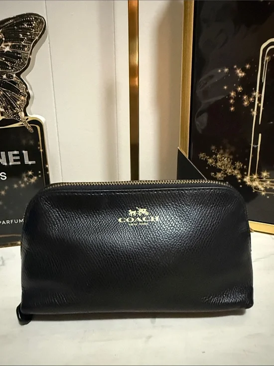 Coach Black Pebbled Leather Toiletry Case with Gold Logo