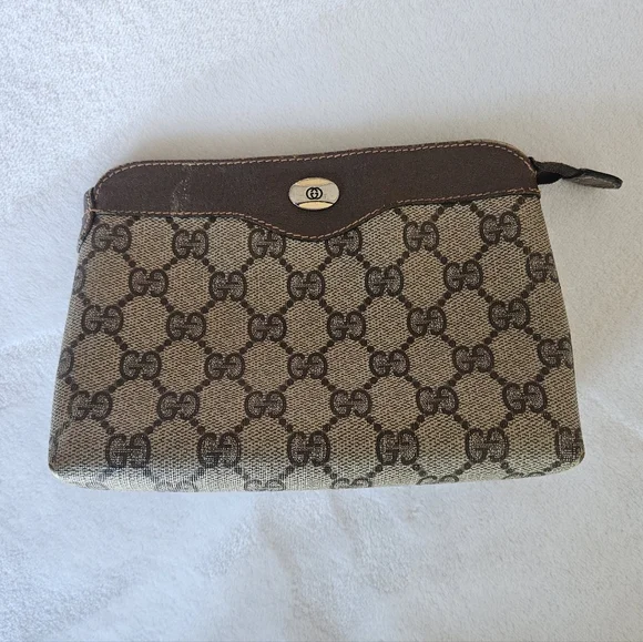 Vintage RARE 1989 GUCCI Accessory Collection Pouch Brown Beige Canvas & Leather