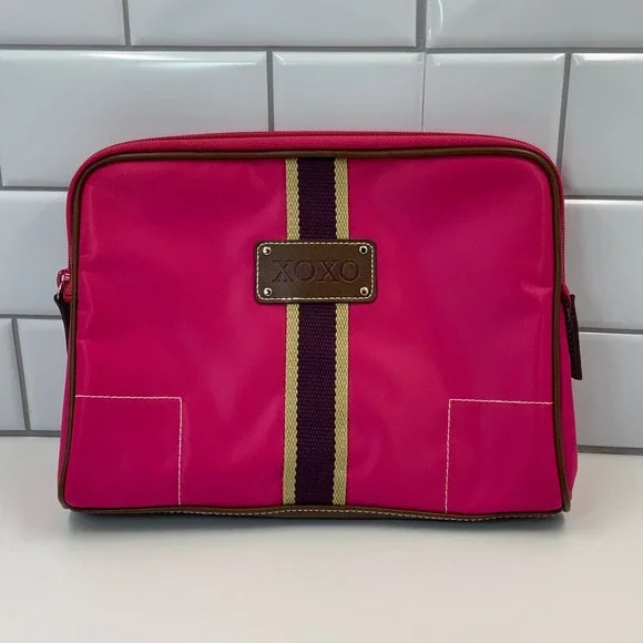 XOXO Hot Pink Nylon Cosmetic‎ Bag Makeup Pouch Brown Trim Striped Accent