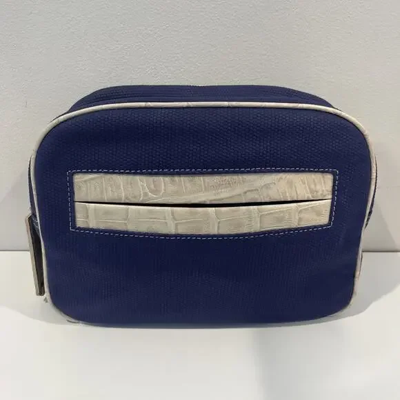 Furla Blue And Tan Leather Toiletries Bag Croc Accent Authentic Made In Italy