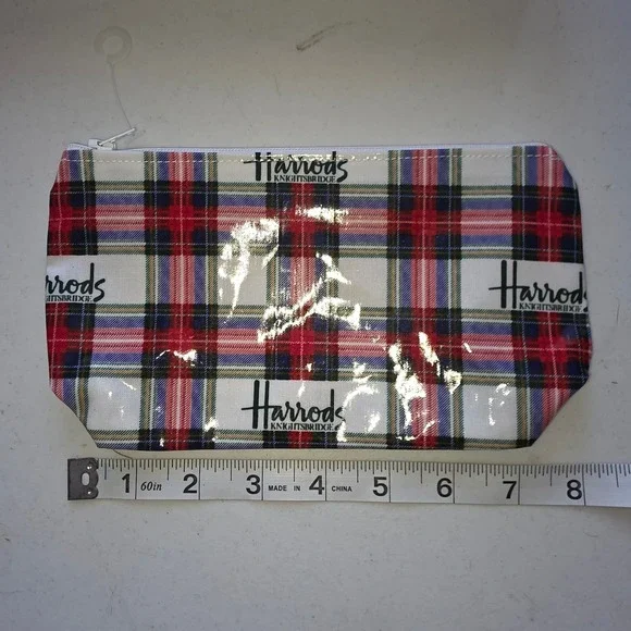 Harrods Knightsbridge Mini Tartan Travel Pouch Plaid Glossy PVC Makeup Bag Red‎
