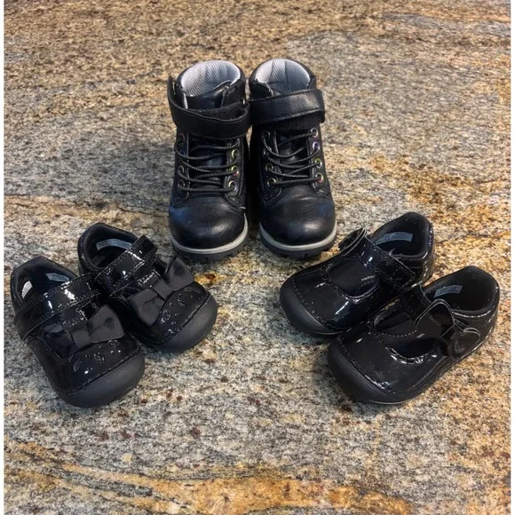3 Stride Rite Black Patent Leather Boots & Shoes Bundle Toddler‎ Girls 3M 4M 6M