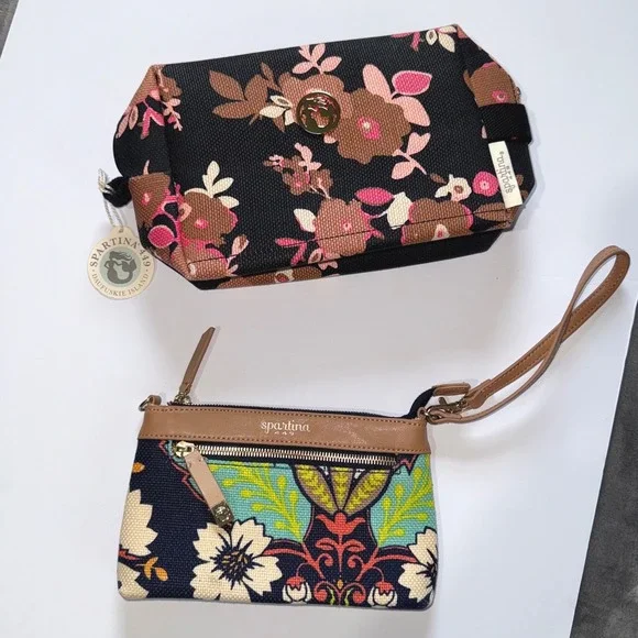 Spartina 449 Cosmetic Case Wristlet‎ 2 Pc Bundle Multi Floral Linen Leather