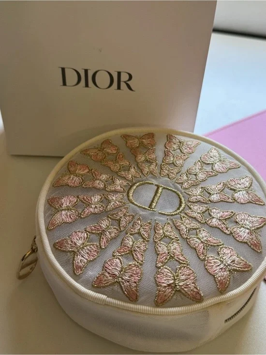 Dior Floral Butterfly Embroidered Mesh Cosmetic Bag Travel Pouch