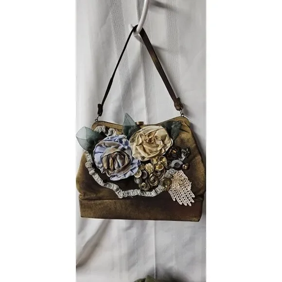 Vintage Handmade stitched Fabric brooches floral‎ upper retro bucket handbag