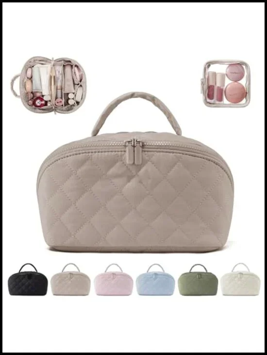 Quilted Cosmetic Bag 180° Lay-Flat Waterproof Travel Makeup Toiletry Organizer
