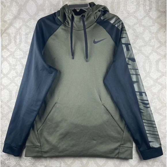 Nike Dri-FIT Men Large Olive Green Black Graphic Sleeve Pullover Hoodie