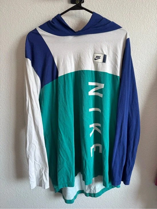 Nike Colorblock Hooded Long Sleeve Shirt - White, Teal & Blue