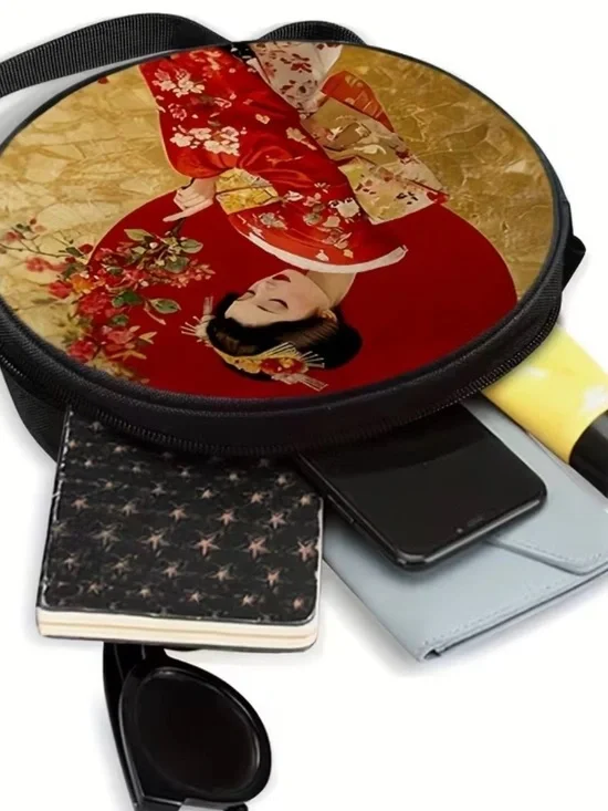Round Black Crossbody Bag with Red Floral Geisha Print