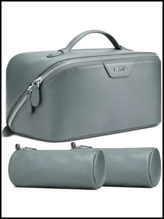 Genuine Leather Travel Makeup Bag Set - 3 Piece Cosmetic Organizer for Women
