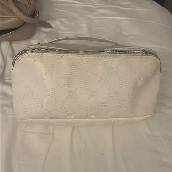 Elegant Cream Checkered Women's travel toiletry Bag