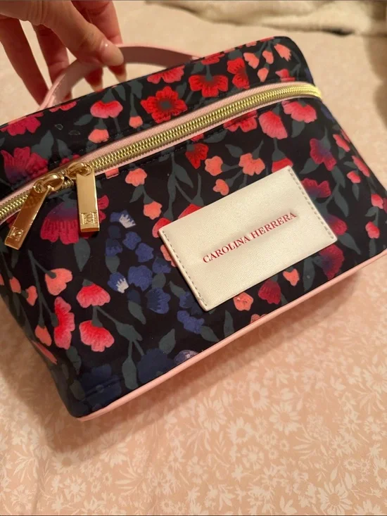 Carolina Herrera Navy Floral Cosmetic Travel Case with Pink Trim