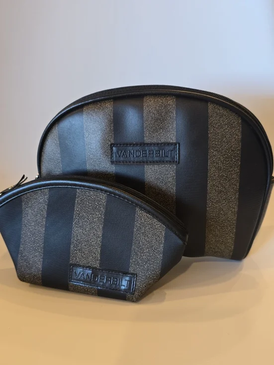 Gloria Vanderbilt Black & Tan Striped Cosmetic Pouch Duo