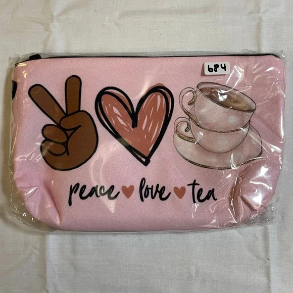 The Pouch Peace Love Tea Accessory Bag Women Small Pink NWT Graphic Zipper Case