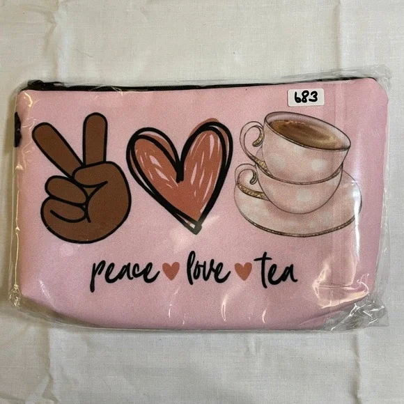 The Pouch Peace Love Tea Accessory Bag Women Small Pink NWT Graphic Zipper Case