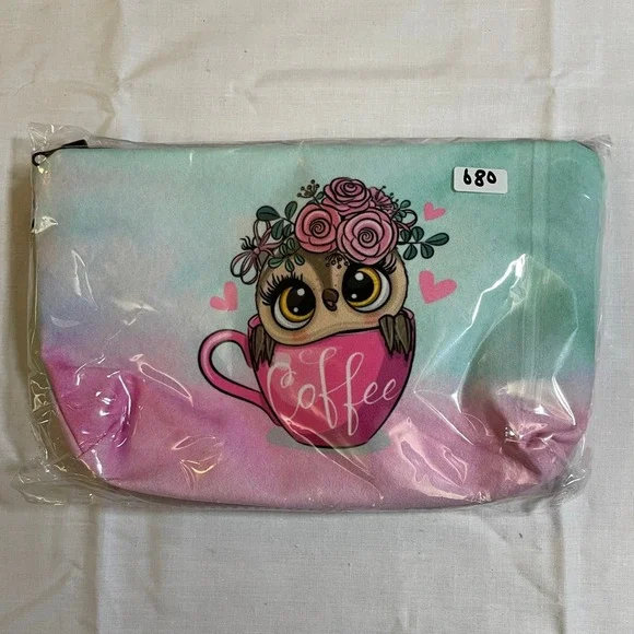 The Pouch Cosmetic Bag Womens OS Pink NWT Owl Coffee Cup Floral Watercolor Cute