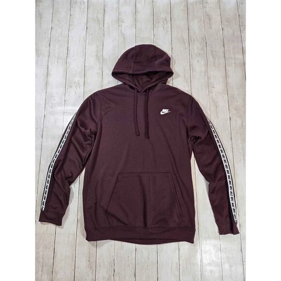 Nike Mens Hoodie Size M Burgundy Pullover Sweatshirt Logo Sleeve Tape