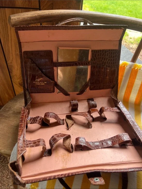 Luzier's Vintage Croc-Embossed Cosmetic Purse Case with Pink Lining