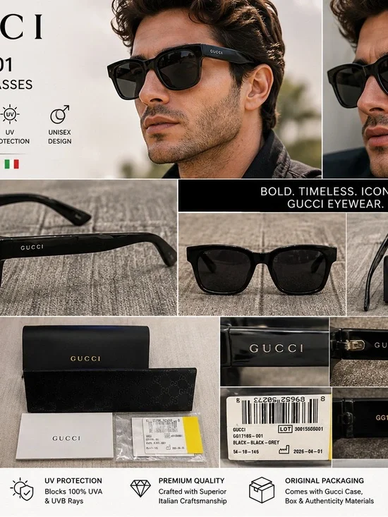 Gucci Black Square Sunglasses with Dark Lenses