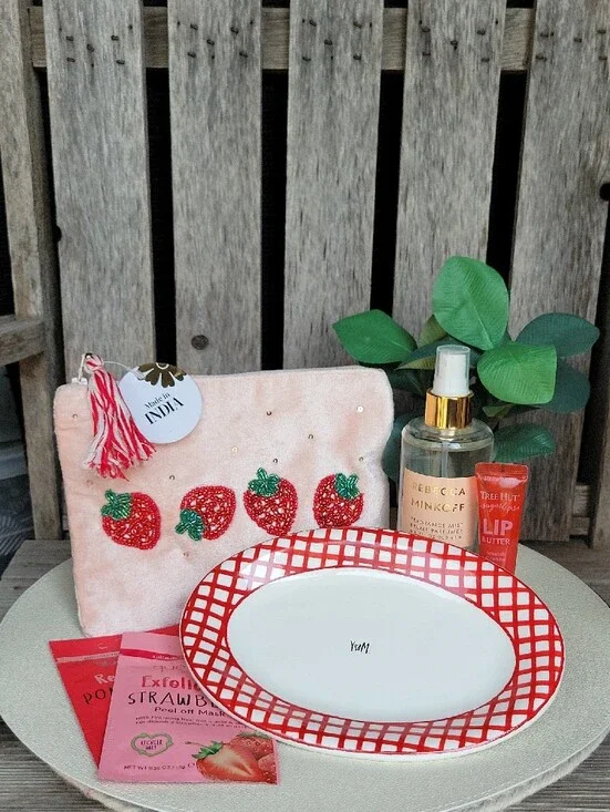 Rebecca Minkoff, Pink Velvet Strawberry Pouch, Rae Dunn, Tree Hut & Que Bella