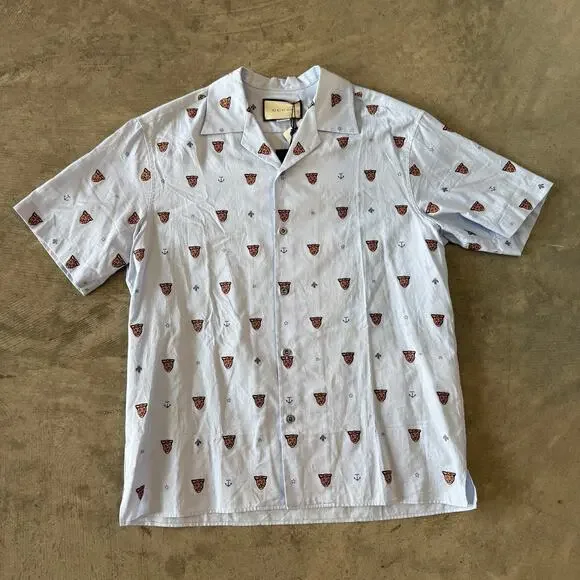 Gucci Tiger Head And Symbols Cotton Bowling Shirt Blue Style 574566 Size 48