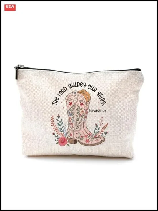Cowgirl Makeup Bag with Bible Verse, Floral Boots Cosmetic Pouch, Linen Canvas