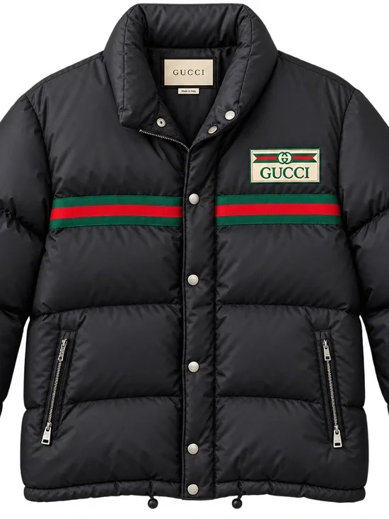 Gucci Black Puffer Jacket with Green and Red Web Stripe