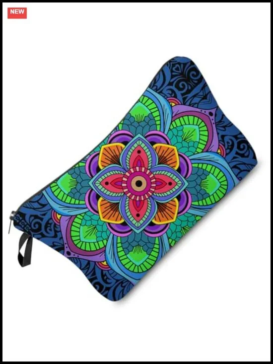 Cosmetic Bag with Mandala Flowers Print, Padded Zipper Pouch Organizer for
