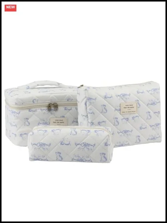 Quilted Cotton Makeup Bag Set of 3, Travel Cosmetic Bag with Floral Coquette