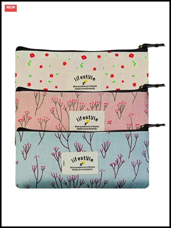 Canvas Pencil Pen Case Cosmetic Makeup Bag Pouch Set of 3 Floral