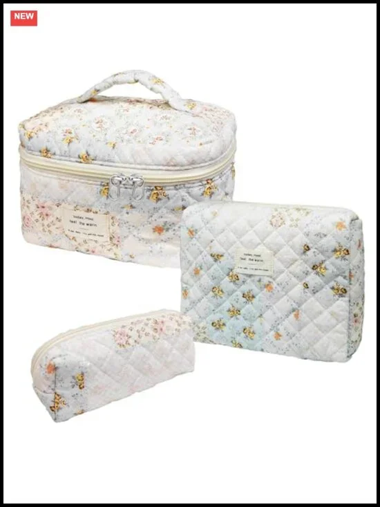 Cotton Quilted Makeup Bag Set Large Travel Cosmetic Bag Toiletry Organizer 3pcs