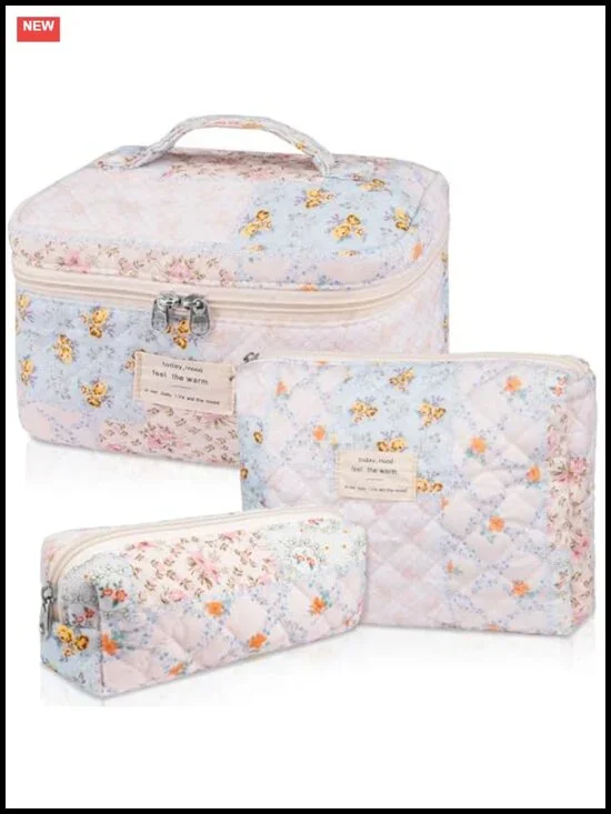 Quilted Cotton Floral Makeup Bag Set, 3 Sizes, Travel Toiletry Organizer,