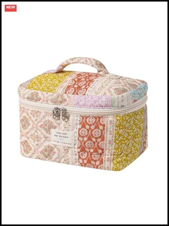 Quilted Floral Cotton Makeup Bag, Top Handle, Travel Toiletry Organizer, Water