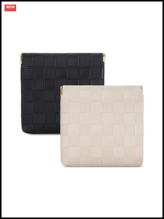 Set of 2 Mini Cosmetic Pouch Checkered PU Leather Self-Closing Travel Organizer