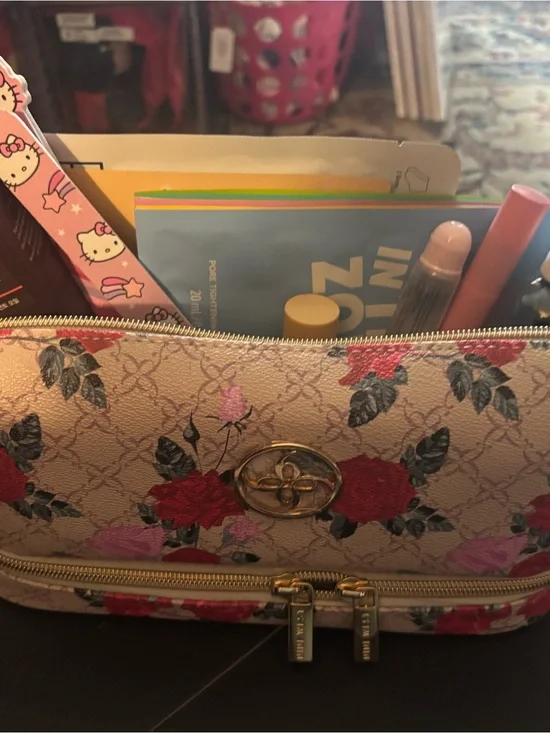 Floral Quilted Cosmetic Bag - Pink Rose Design